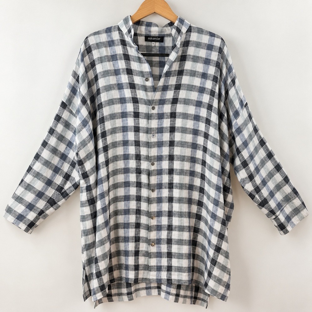 Eskandar Lagenlook Linen Tunic Shirt Womens 0 Blue Check Coastal Grandma